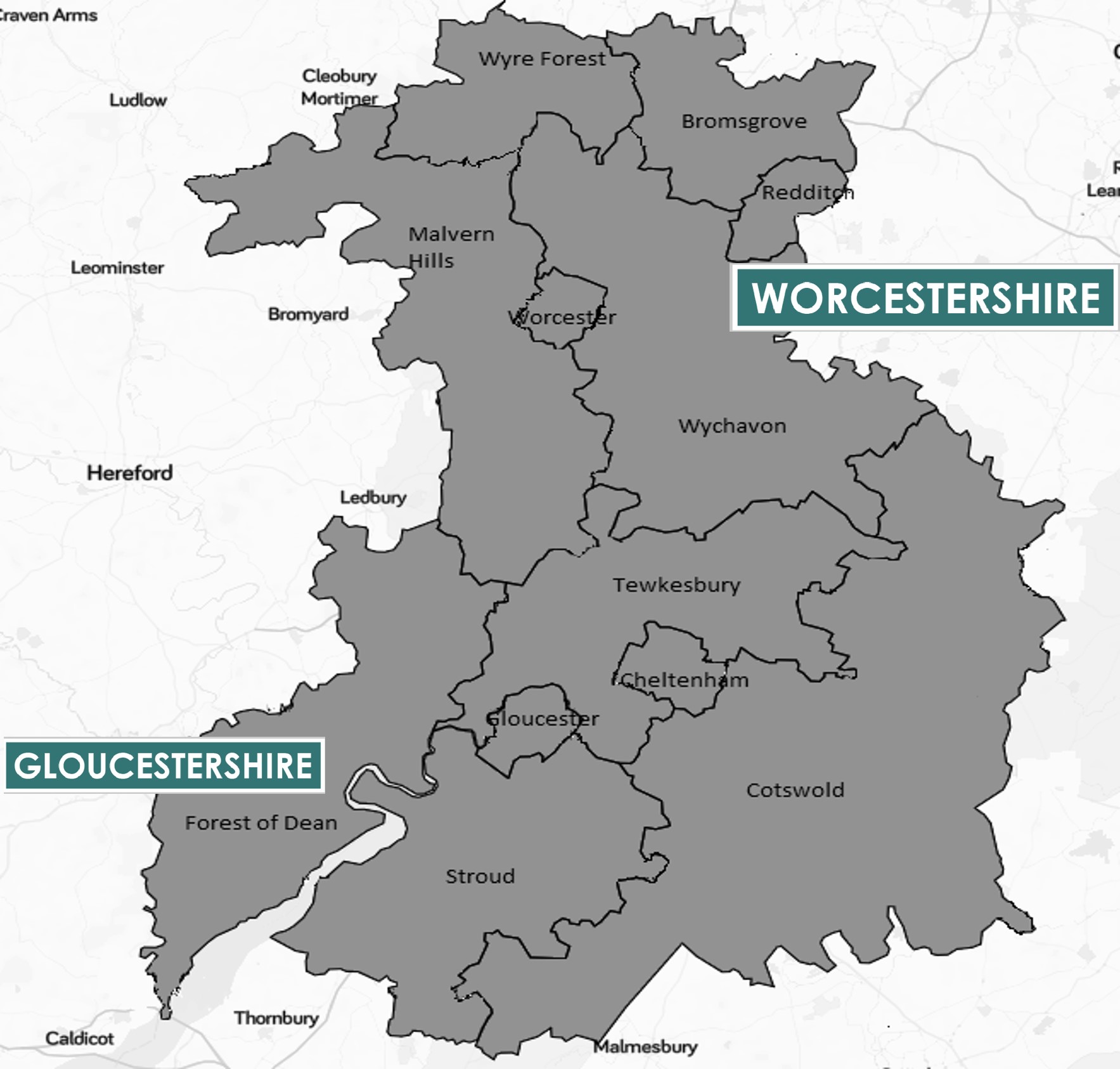 Map of Gloucestershire and Worcestershire showing key regions of Cotswold, Stroud, Forest of Dean, Cheltenham, Gloucester, Tewkesbury, Wychavon, Worcester, Malvern Hills, Redditch, Bromsgrove, Wyre Forest