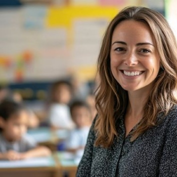 Lady smiling in her classroom with pupils sat behind her, pupils are faded in the background