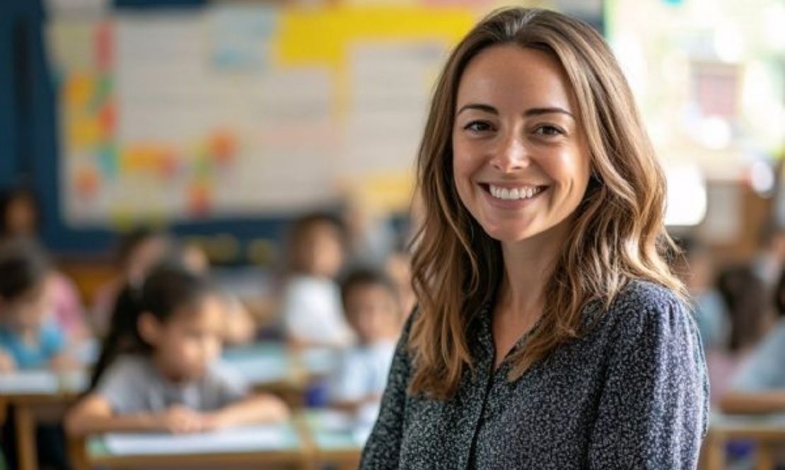 Lady smiling in her classroom with pupils sat behind her, pupils are faded in the background